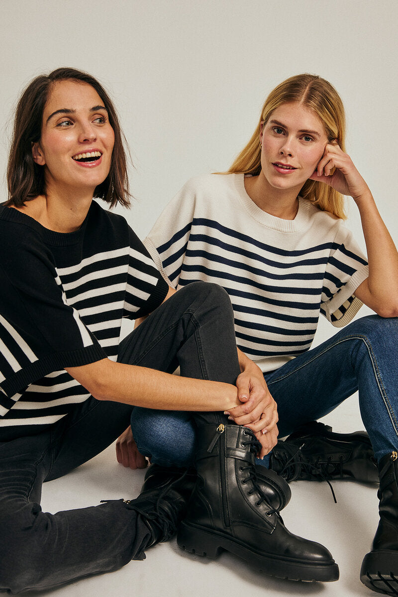 Ani Kortärmad Pullover Dam Black w. OffWhite Freequent
