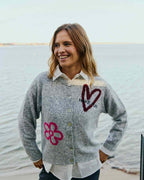 Nomas Cardigan Dam Medium Grey Mel W Fuchsia Purple | Smilebutiken - Freequent