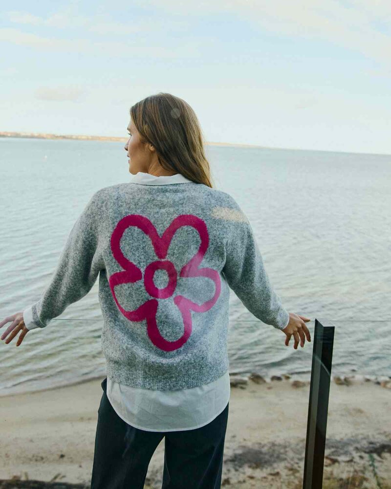 Nomas Cardigan Dam Medium Grey Mel W Fuchsia Purple | Smilebutiken - Freequent